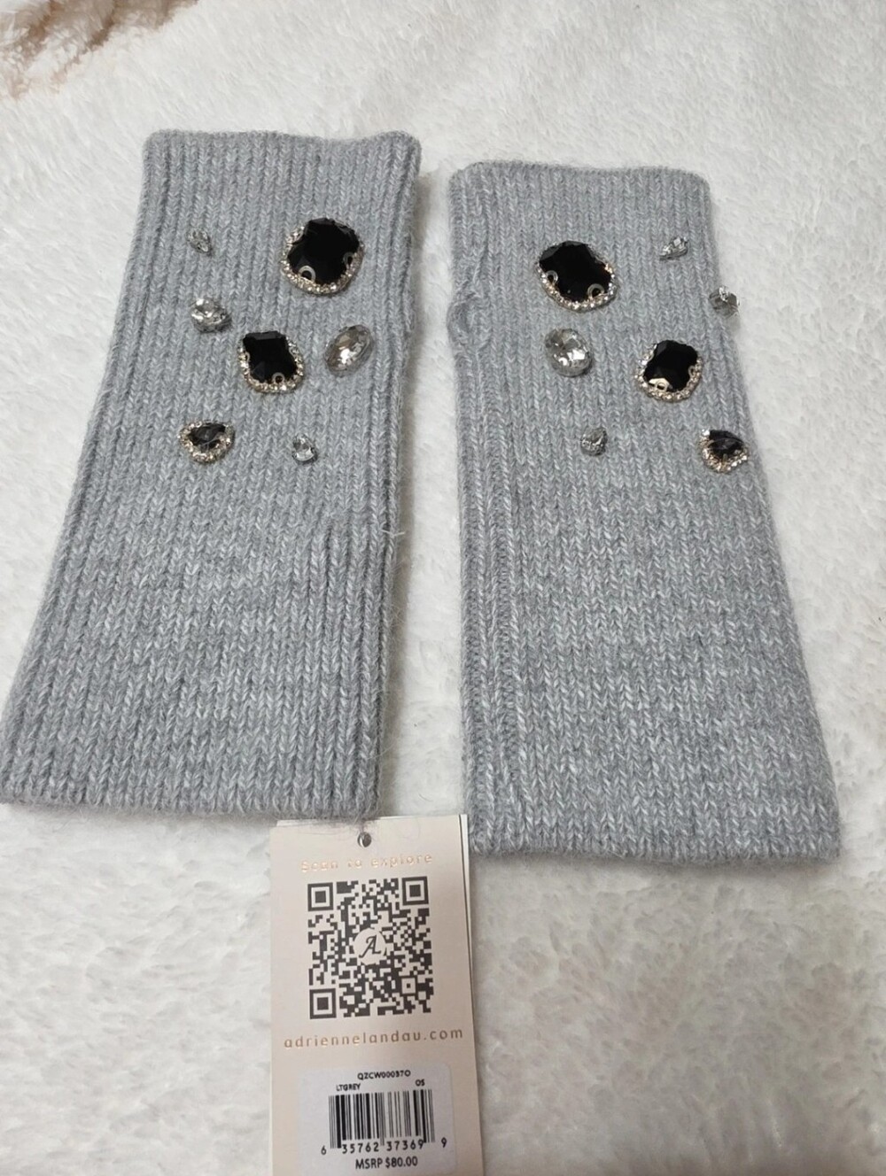 Adrienne Landau Light Gray Knit Jeweled Fingerless Gloves
